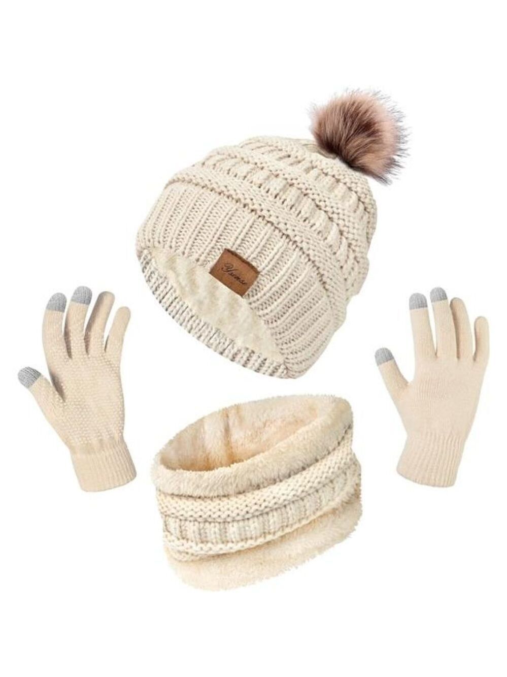 Winter Hat Scarf Touch Screen Gloves Set 3 Pcs Warm Knit Fleece Lined Beanie NEW